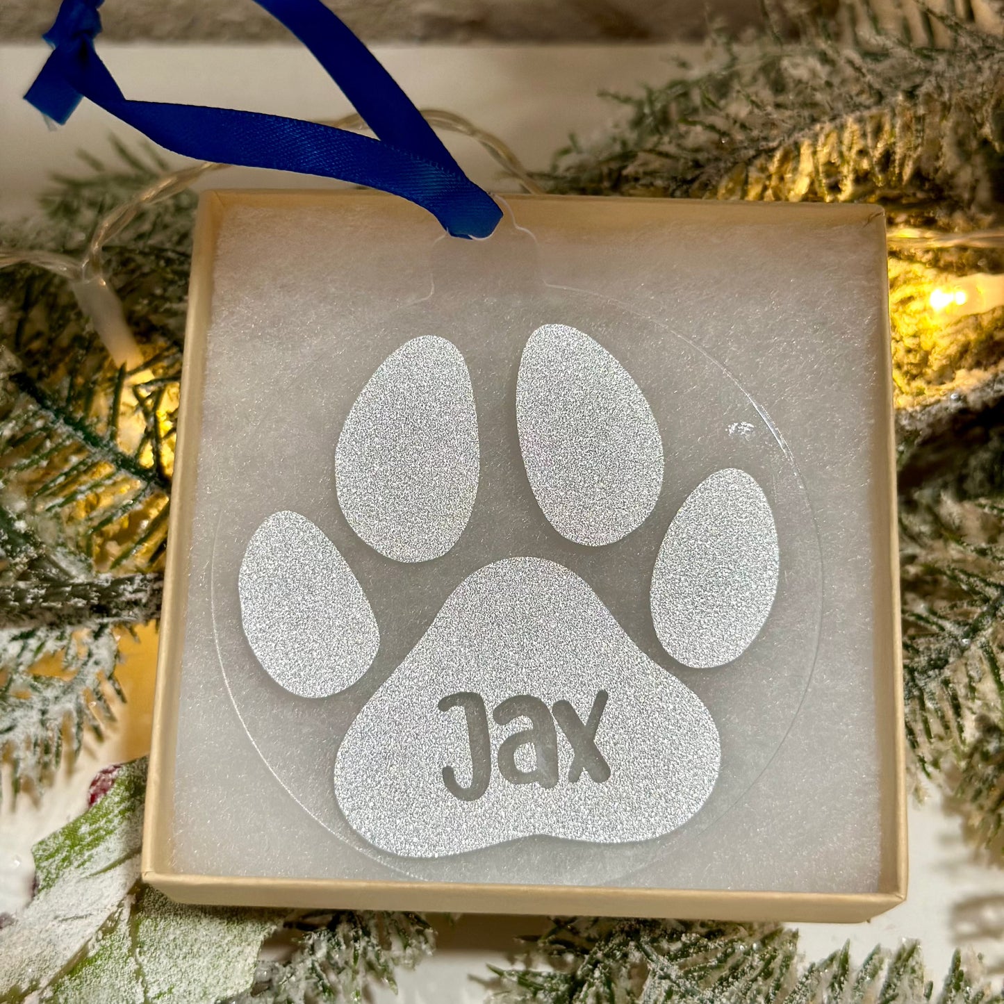 Dog Paw Name Christmas Ornament - Ornament by KT Designs - acrylic ornament, christmas gifts, Christmas Ornament, Custom ornament, dog paw ornament, Personalized Ornament, pet ornament, round christmas ornament, stocking stuffer