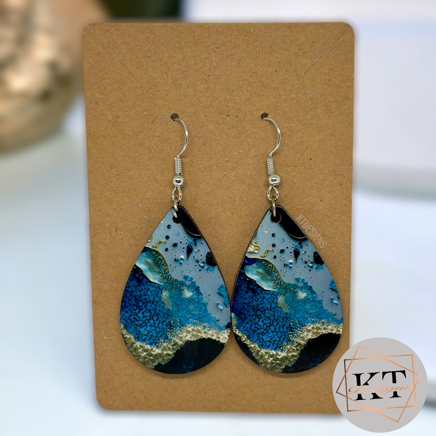 Blue and Gold Marbled Dangle Drop Earrings - Jewelry by KT Designs - blue earrings, christmas gifts, Dangle Earrings, Earring, Final Sale, gifts for her, Marble Earrings, stocking stuffers, teardrop earrings