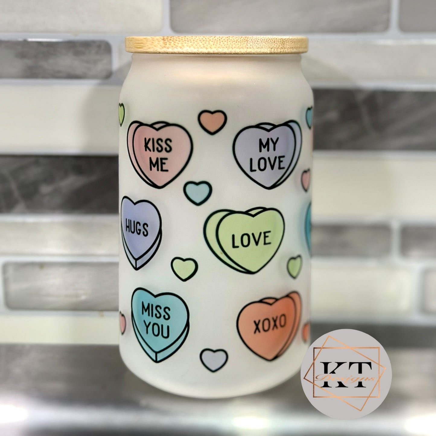 Conversation Hearts Glass Can Cup