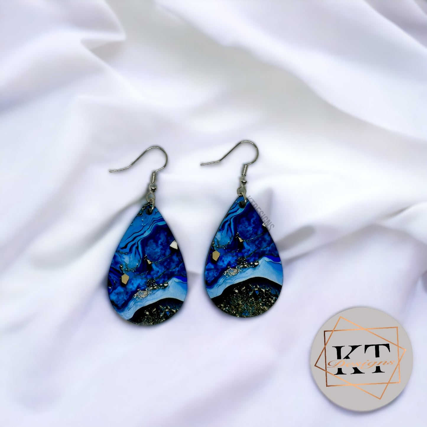 Blue Marbled with Gold Specs Dangle Drop Earrings - Jewelry by KT Designs - blue earrings, christmas gifts, Dangle Earrings, drop earrings, Earring, Final Sell, gifts for her, Marble Earrings, stocking stuffers, teardrop earrings