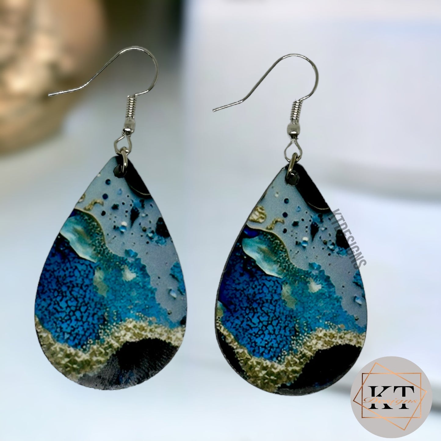 Blue and Gold Marbled Dangle Drop Earrings - Jewelry by KT Designs - blue earrings, christmas gifts, Dangle Earrings, Earring, Final Sale, gifts for her, Marble Earrings, stocking stuffers, teardrop earrings