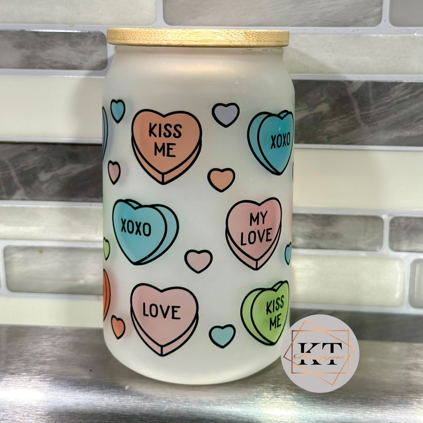 Conversation Hearts Glass Can Cup