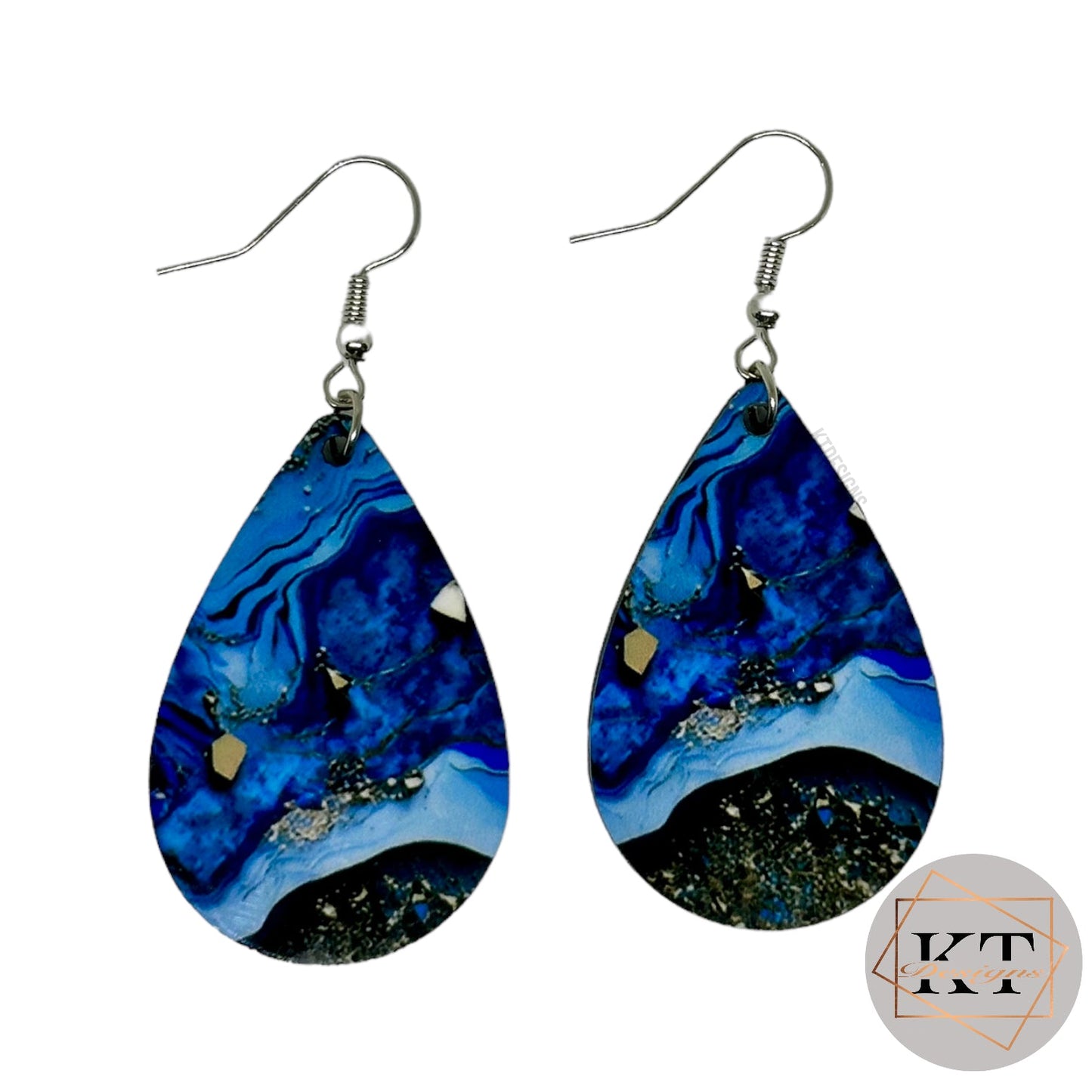 Blue Marbled with Gold Specs Dangle Drop Earrings - Jewelry by KT Designs - blue earrings, christmas gifts, Dangle Earrings, drop earrings, Earring, Final Sell, gifts for her, Marble Earrings, stocking stuffers, teardrop earrings