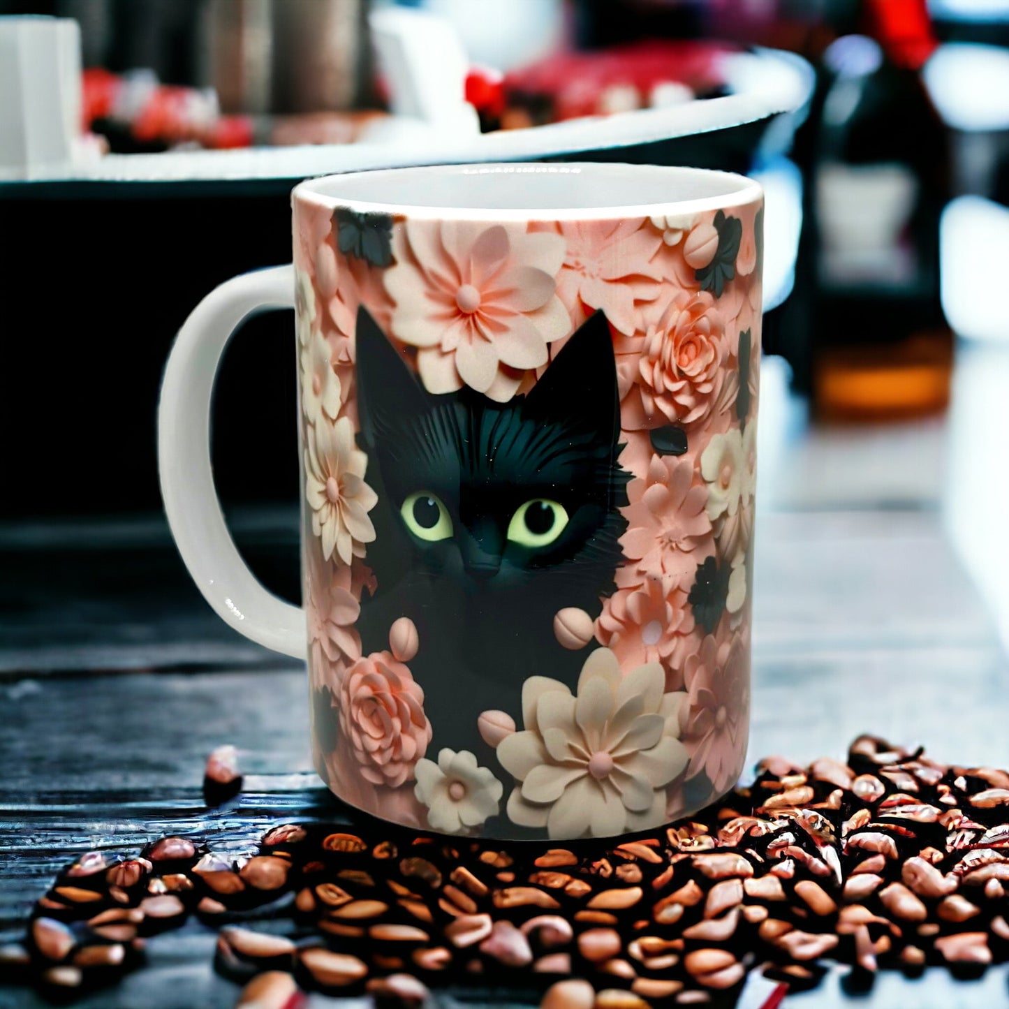 3D Cat with Pink Flowers Mug -  by KT Designs - Cat Mug, christmas gifts, gifts for her