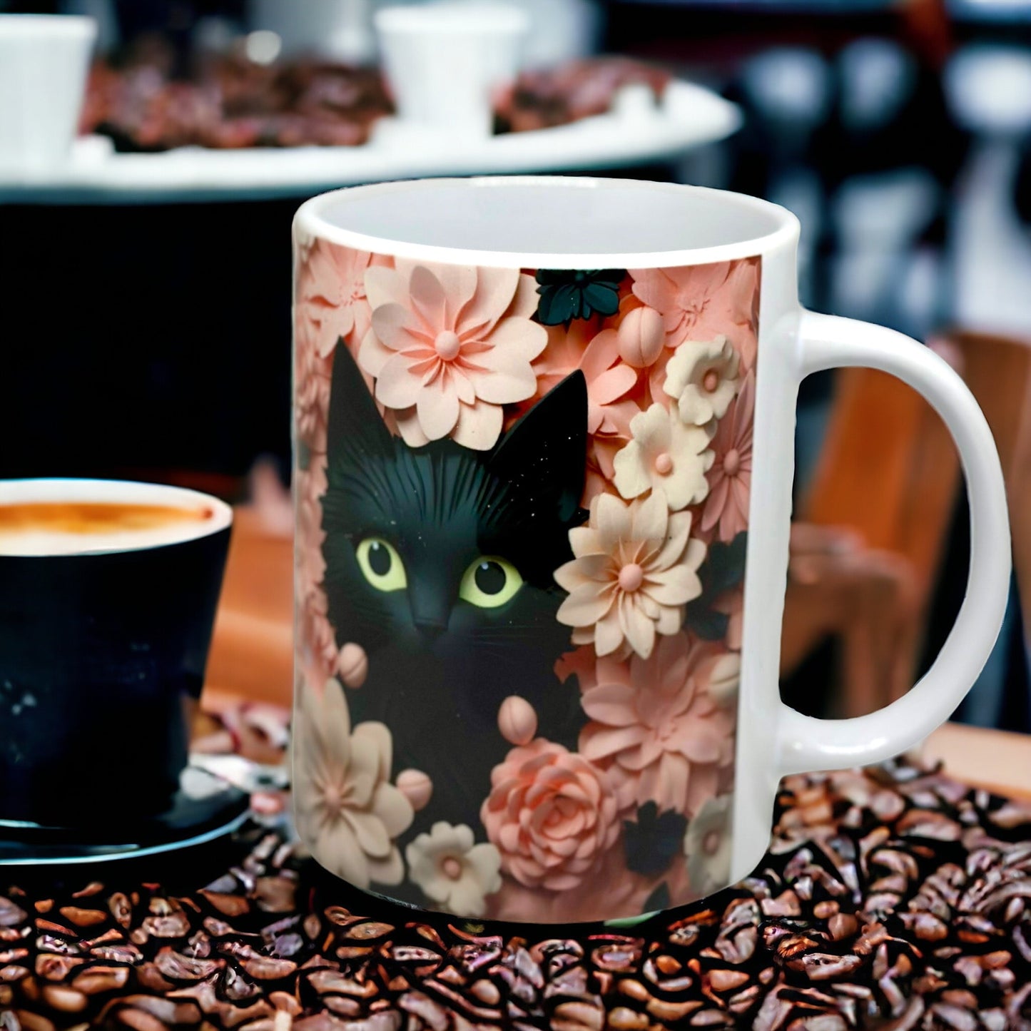 3D Cat with Pink Flowers Mug -  by KT Designs - Cat Mug, christmas gifts, gifts for her