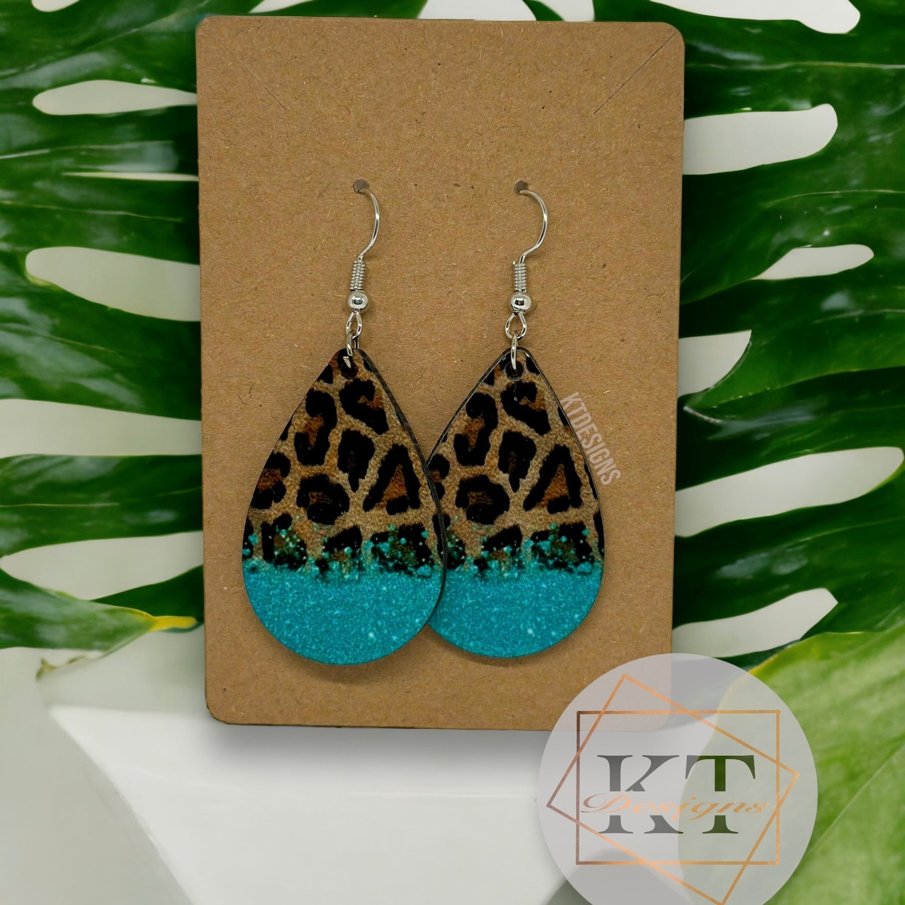 Leopard Print Dangle Drop Earrings - Jewelry by KT Designs - animal print, christmas gifts, Dangle Earrings, drop earrings, Earring, Final Sale, gifts for her, Green, Marble Earrings, stocking stuffers, teardrop earrings, White and Gold, White Earrings, White Marble