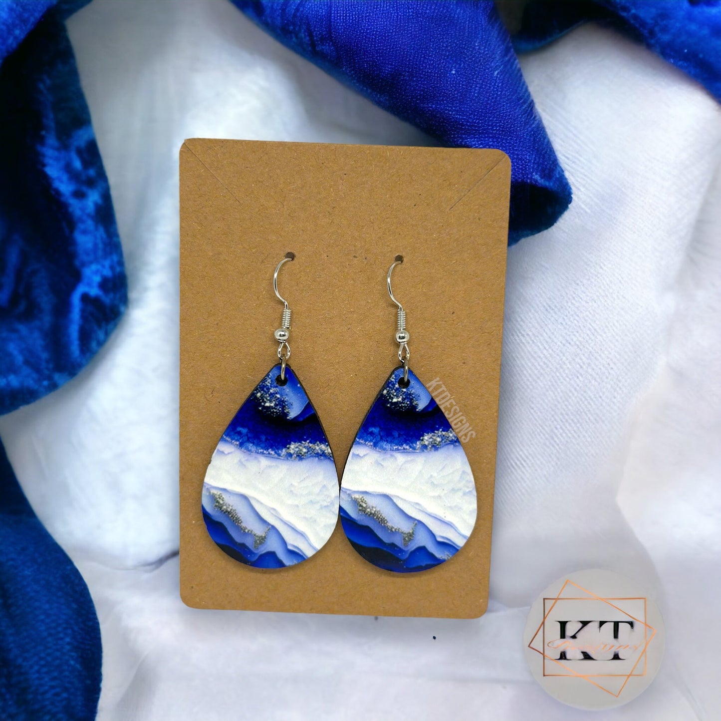 Royal Blue and White Marbled Dangle Drop Earrings - Jewelry by KT Designs - blue earrings, christmas gifts, Dangle Earrings, drop earrings, Earring, Final Sale, gifts for her, Marble Earrings, royal blue, stocking stuffers, teardrop earrings