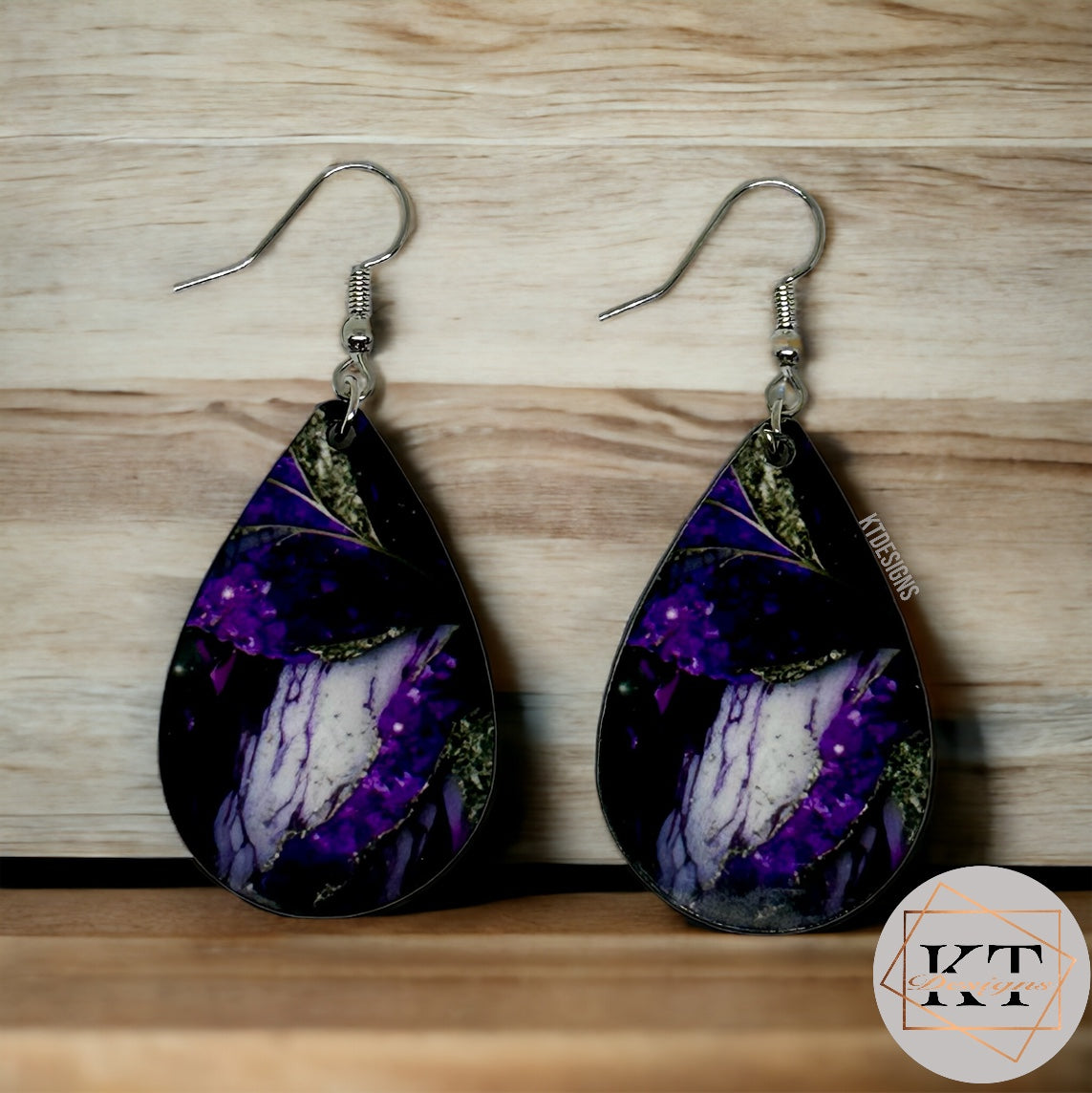 Purple Marbled Dangle Drop Earrings - Jewelry by KT Designs - animal print, christmas gifts, Dangle Earrings, Earring, Final Sale, gifts for her, Green, Marble Earrings, Purple earrings, stocking stuffers, teardrop earrings, White and Gold, White Earrings, White marbled