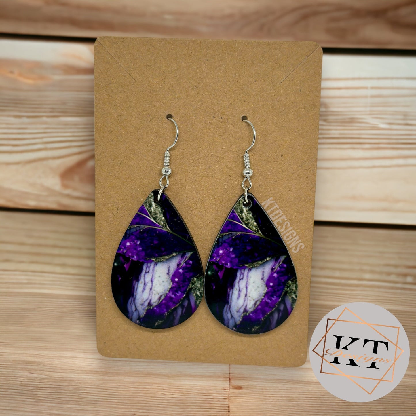 Purple Marbled Dangle Drop Earrings - Jewelry by KT Designs - animal print, christmas gifts, Dangle Earrings, Earring, Final Sale, gifts for her, Green, Marble Earrings, Purple earrings, stocking stuffers, teardrop earrings, White and Gold, White Earrings, White marbled