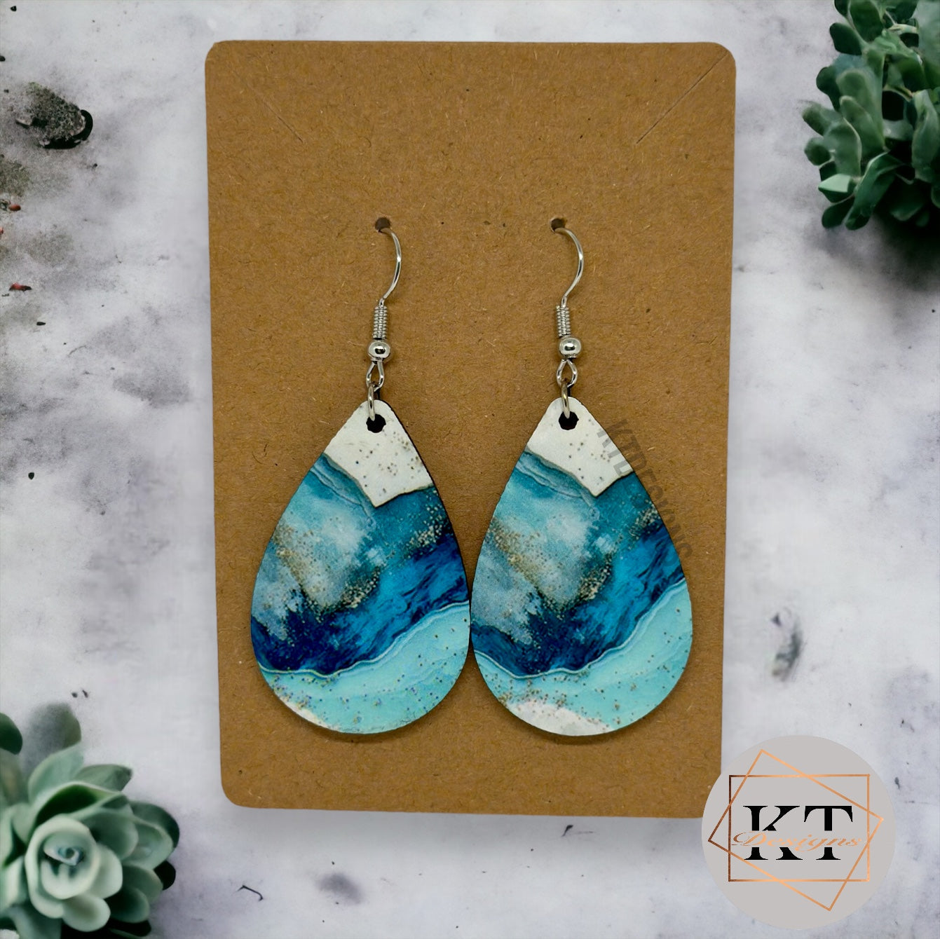 Blue Marbled Dangle Drop Earrings - Jewelry by KT Designs - Blue, blue earrings, christmas gifts, Dangle Earrings, drop earrings, Earring, Final Sale, gifts for her, Marble Earrings, stocking stuffers, teardrop earrings